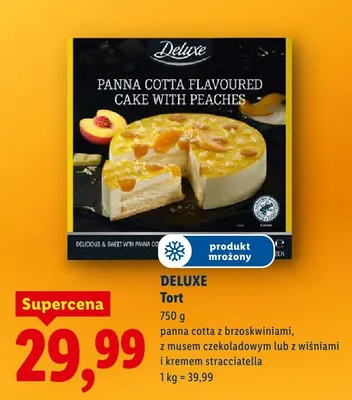 Tort panna cotta z brzoskwiniami, z musem czekoladowym lub z wiśniami i kremem stracciatella promocja w Lidl
