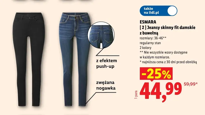 Jeansy skinny fit damskie z bawełną Esmara czarne promocja w Lidl