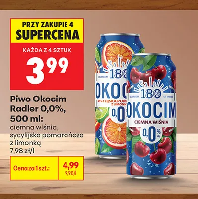 Piwo bezalkoholowe Okocim Radler Ciemna Wiśnia promocja w Biedronka