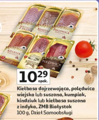 Kiełbasa dojrzewająca, polędwica wiejska lub suszona, kumpiak, kindziuk lub kiełbasa suszona z indyka dział samoobsługi promocja w Auchan
