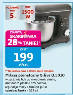 Mikser planetarny Q.5010 w zestawie 3 końcówki do wyrabiania ciasta, mieszadło plastik, trzepaczka, haczyk + funkcja pulse promocja w Auchan