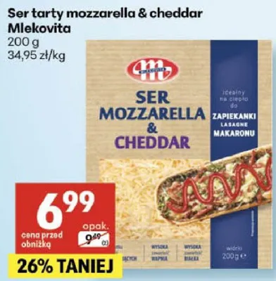 Ser tarty mozzarella & cheddar Mlekovita promocja w Delikatesy Centrum