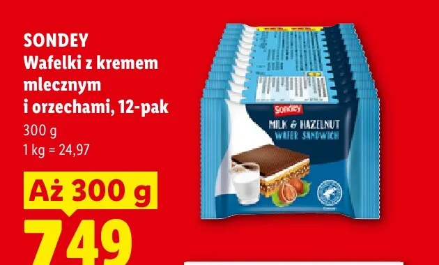 Wafelki z kremem mlecznym i orzechami Sondey 12-pak promocja w Lidl