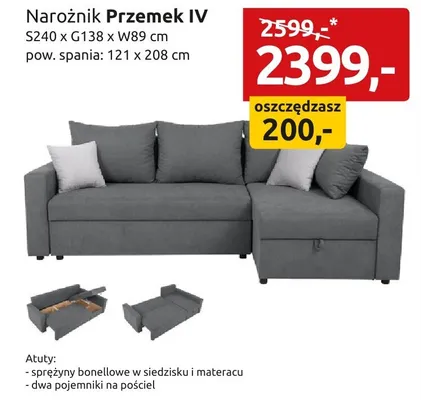 Narożnik Przemek IV S240xG138xW89cm pow. spania 121x208cm promocja w Black Red White