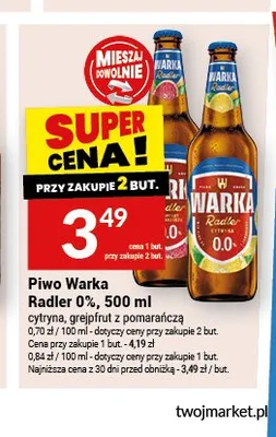 Piwo bezalkoholowe Warka Radler Grejpfrut z Pomarańczą promocja w Twój Market