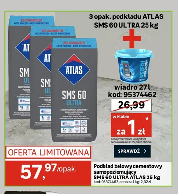 Podkład żelowy cementowy samopoziomujący SMS 60 ULTRA ATLAS promocja w Leroy Merlin