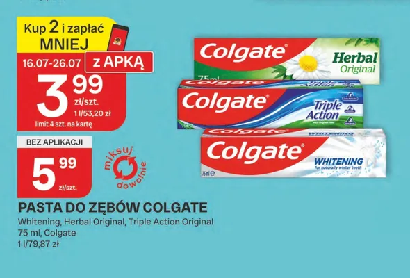 Pasta do zębów Colgate max white extra care promocja w Chorten