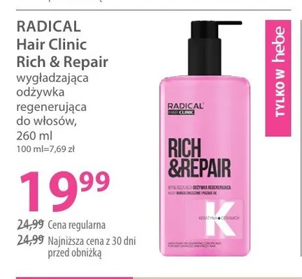 Wygładzająca odżywka regenerująca do włosów Radical Hair Clinic Rich & Repair promocja w Hebe