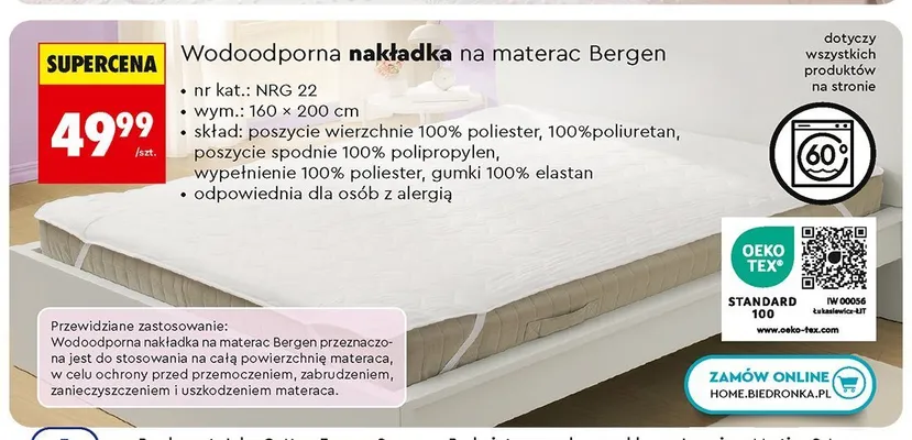 Wodoodporna nakładka na materac Bergen Smukee promocja w Biedronka