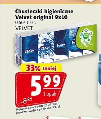 Chusteczki higieniczne Velvet Original 9-pak promocja w Prim Market