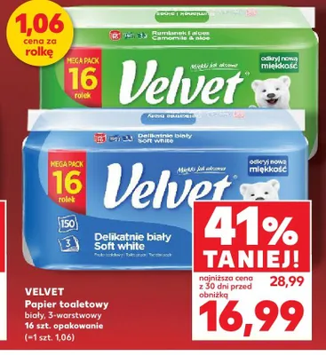 Papier toaletowy Velvet Delikatnie biały Soft white 3-warstwowy 16-pak promocja w Kaufland