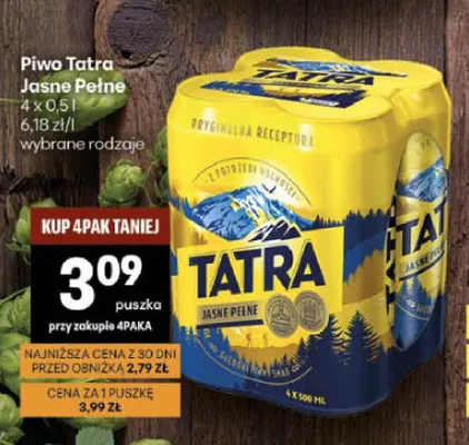 Piwo Tatra Jasne Pełne 4-pak 500 ml promocja w Delikatesy Centrum