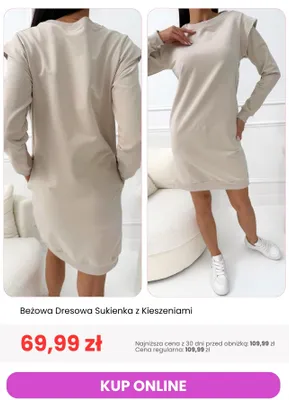 Sukienka dresowa beżowa z kieszeniami ModnaKiecka.pl promocja w Modna Kiecka