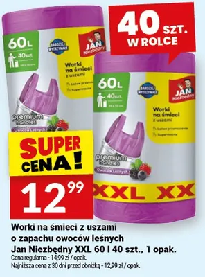Worki na śmieci z uszami o zapachu owoców leśnych Jan Niezbędny XXL 60l 40szt., 1opak. promocja w Twój Market