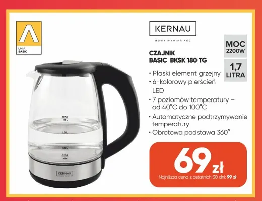 Czajnik Kernau Basic Bksk 180 Tg 1,7 l promocja w Max Elektro