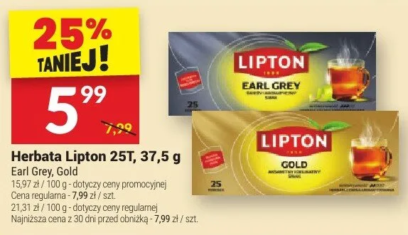 Herbata Lipton 25T, 37,5g Earl Grey, Gold promocja w Twój Market