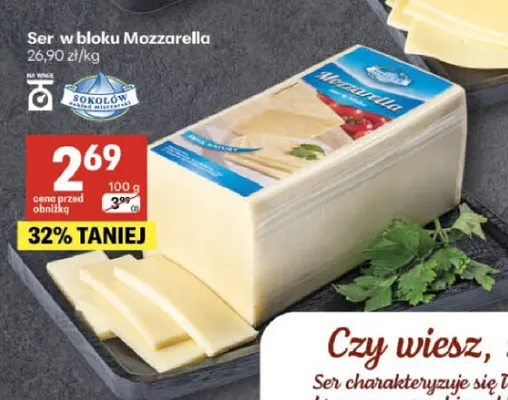 Ser w bloku mozzarella Sokołów promocja w Delikatesy Centrum
