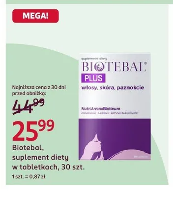 Suplement diety w tabletkach Biotebal Plus włosy, skóra, paznokcie promocja w Rossmann