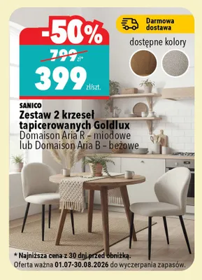 Zestaw 2 krzeseł tapicerowanych Goldlux Domaison Aria R miodowe promocja w Biedronka Home