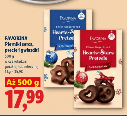 Pierniki serca, precle i gwiazdki w czekoladzie gorzkiej Favorina promocja w Lidl