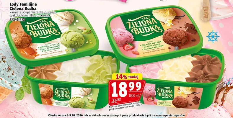 Lody Familijne Zielona Budka karmel z solą-śmietanka-pistacja promocja w Prim Market