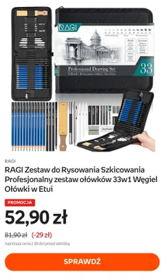 Zestaw do rysowania i szkicowania RAGI profesjonalny zestaw ołówków 33w1 węgiel ołówki w etui promocja w Empik
