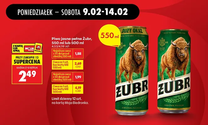 Piwo Żubr jasne pełne 550 ml promocja w Biedronka