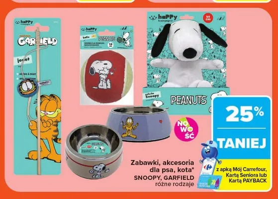 Zabawki i akcesoria dla psa i kota Snoopy i Garfield promocja w Carrefour Market