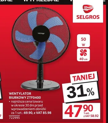 Wentylator biurkowy ZTF0400 50W 40cm promocja w Selgros