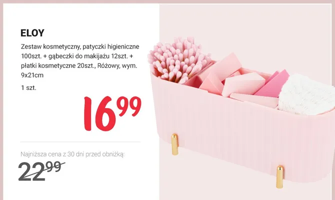 Zestaw kosmetyczny: patyczki higieniczne + gąbeczki do makijażu + płatki kosmetyczne Eloy promocja w Rossmann