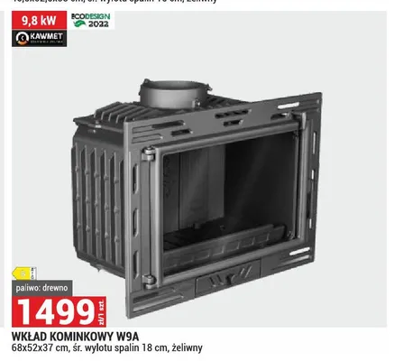 Wkład kominkowy Kawmet W9A 9,8kW 68x52x37cm śr. wylotu spalin 18cm żeliwny promocja w Merkury Market