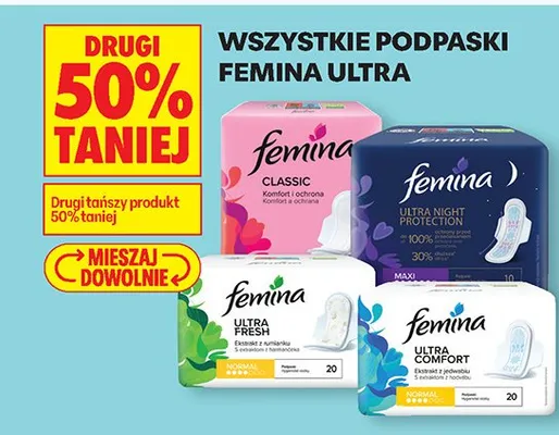 Wszystkie podpaski Femina Ultra DRUGIE -50% promocja w Biedronka