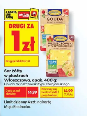 Ser żółty w plastrach Włoszczowski typu szwajcarskiego Włoszczowa promocja w Biedronka