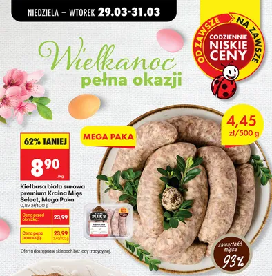 Kiełbasa biała surowa premium Mega Paka promocja w Biedronka