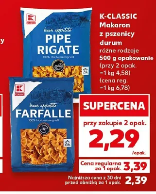 Makaron z pszenicy durum Pipe Rigate K-Classic promocja w Kaufland