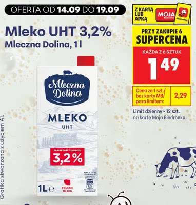 Mleko UHT Mleczna Dolina 3,2% promocja w Biedronka