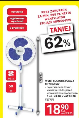 Wentylator stojący Msonic MFN5645W 40cm 123cm 50W promocja w Selgros
