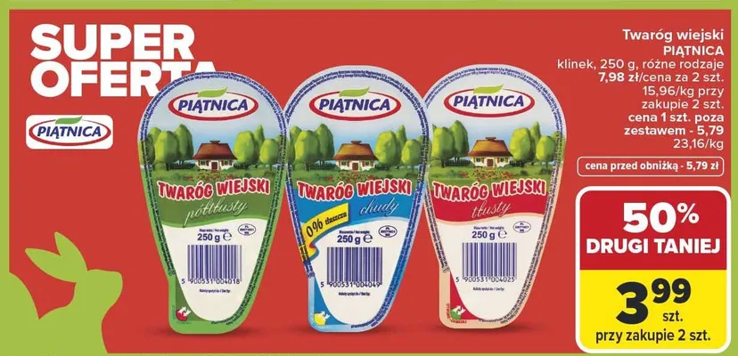Twaróg wiejski PIĄTNICA klinek różne rodzaje promocja w Carrefour Market