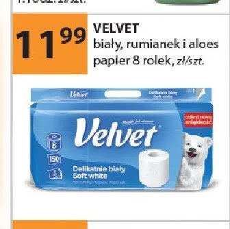 Papier VELVET biały rumianek i aloes 8 rolek promocja w Drogerie Laboo