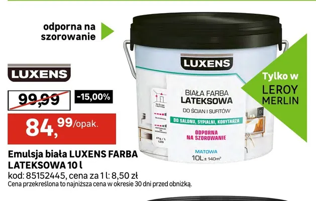 Emulsja biała Luxens farba lateksowa promocja w Leroy Merlin