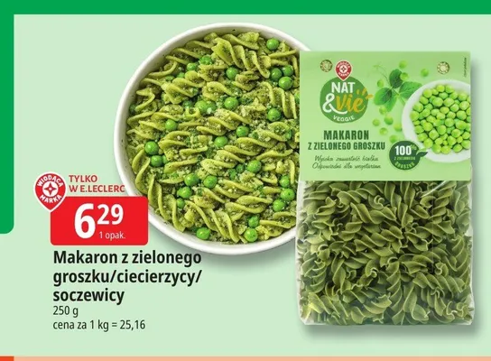 Makaron z zielonego groszku Nat & Vie promocja w Leclerc