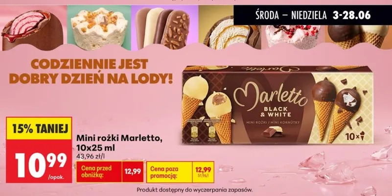 Lody mini rożki Marletto Black & White 10-pak 25 ml promocja w Biedronka