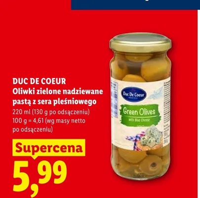 Oliwki zielone nadziewane pastą z sera pleśniowego Duc De Coeur promocja w Lidl