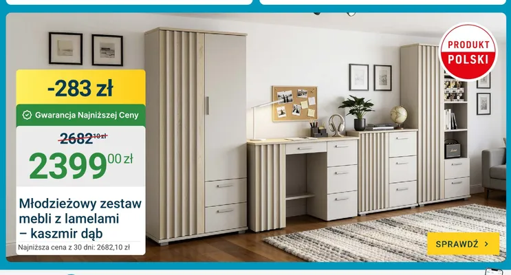 Młodzieżowy zestaw mebli z lamelami kaszmir dąb promocja w ERLI