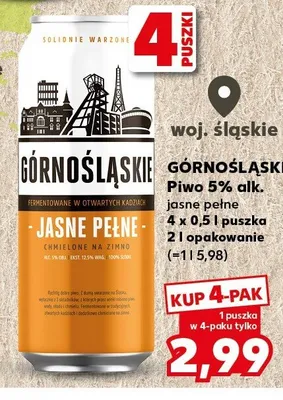 Piwo Górnośląskie Jasne Pełne 5% alk. 4-pak 500ml promocja w Kaufland