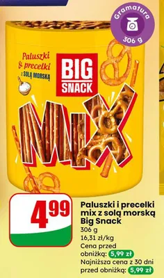 Paluszki i precelki mix z solą morską Big Snack promocja w Dino