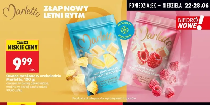 Owoce mrożone w czekoladzie Marletto malina w białej czekoladzie promocja w Biedronka
