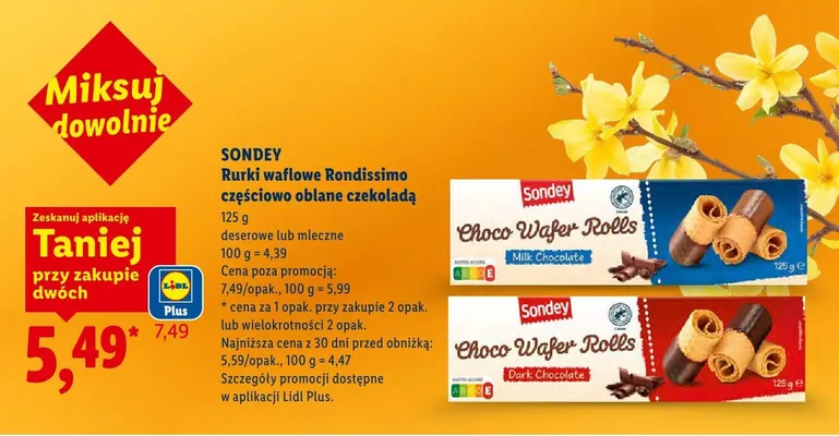 Rurki waflowe Rondissimo częściowo oblane czekoladą mleczną promocja w Lidl