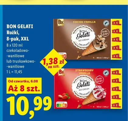 Lody rożki Strawberry-Vanilla Bon Gelati 8-pak XXL promocja w Lidl