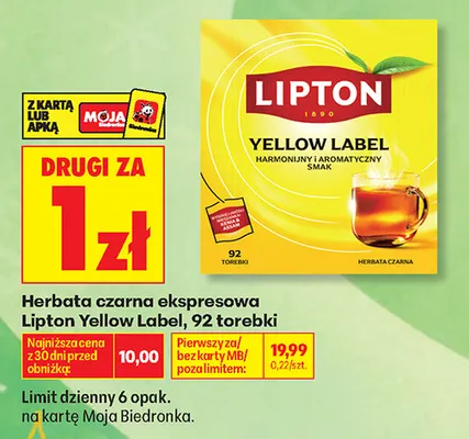 Herbata czarna ekspresowa Lipton Yellow Label promocja w Biedronka